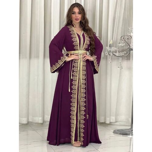 Muslim Women Party Dresses Jalabiya 2 Piece Set Embroidery A