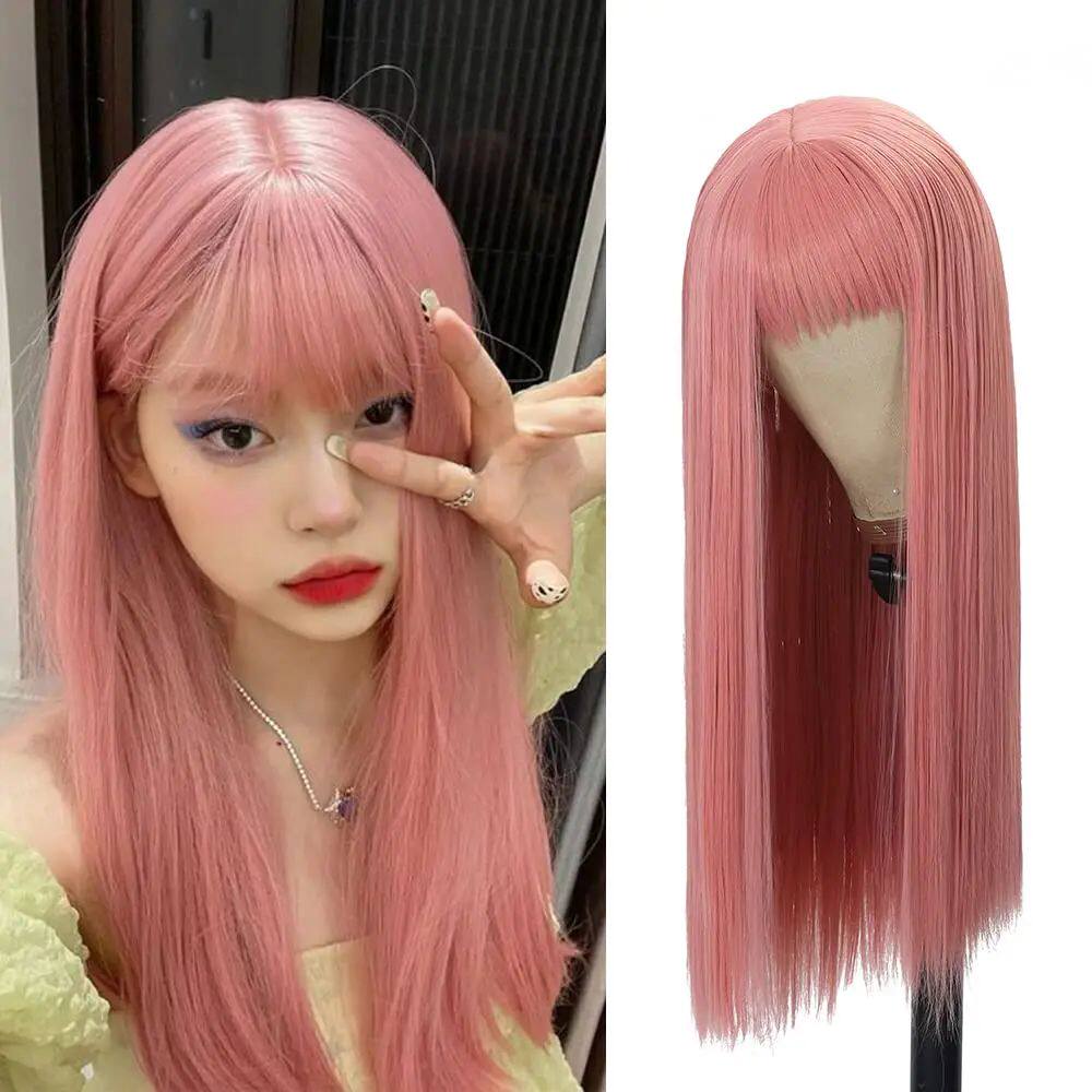 Pink Long Straight Synthetic Wig Air Fringe White Woman Dail