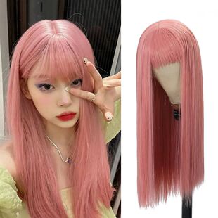 Pink Long Straight Synthetic Wig Air Fringe White Woman Dail