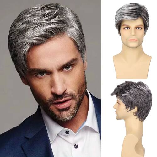 Synthetic Men Wigs Short Silver Gray Wig Synthetic Heat Resi