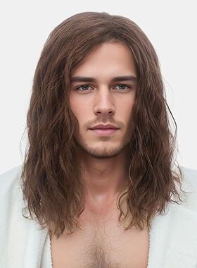 Brown Synthetic Wig For Men Shoulder-Length Corn Perm Natura