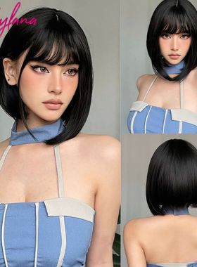 Bob Black Synthetic Wig with Bangs for Women Afro Short Dark