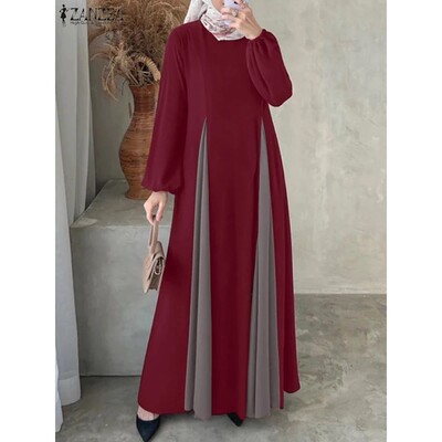 ZANZEA Women Color Block Patchwork Maxi Dress Fake Two-Piece