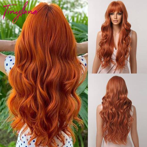 Orange Copper Ginger Long Wavy Synthetic Wigs Red Yellow Wig