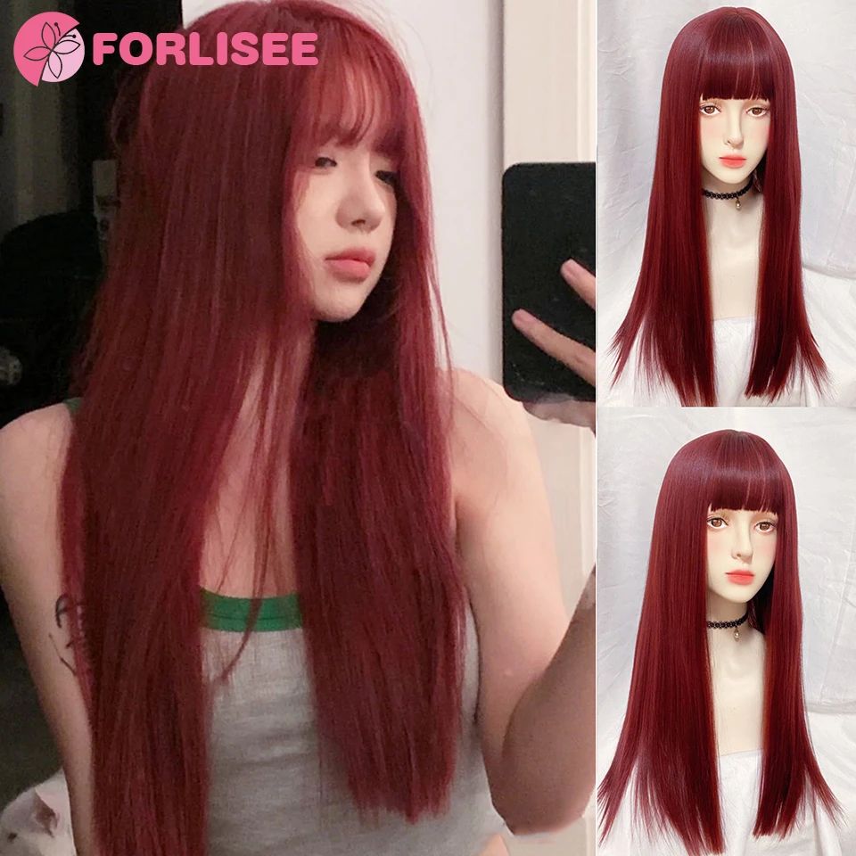 FORLISEE Synthetic Rose Wine Red Long Straight Hair With Ban