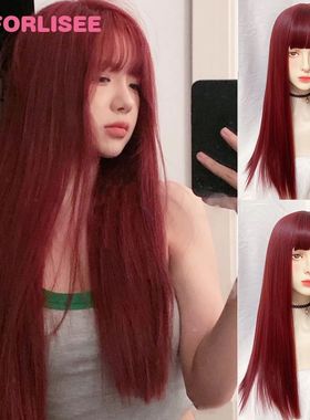 FORLISEE Synthetic Rose Wine Red Long Straight Hair With Ban