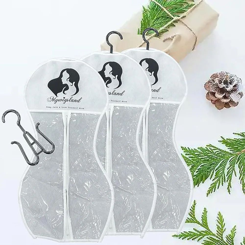 3pcs Premium Wig Storage Bags with Sturdy Metal Hangers - Bl