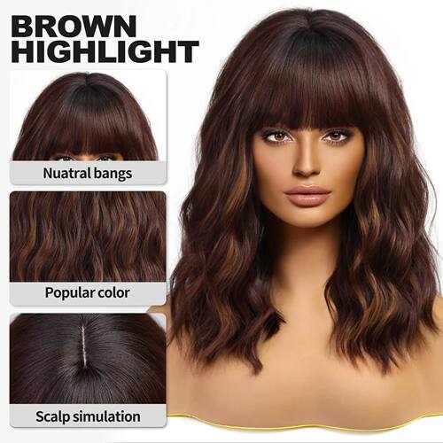 Short Brown Highlight Wigs With Bangs Natural Wavy Hair Wigs
