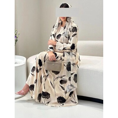 Muslim Abay for Women Dress Print Chiffon Abays with Scarf A