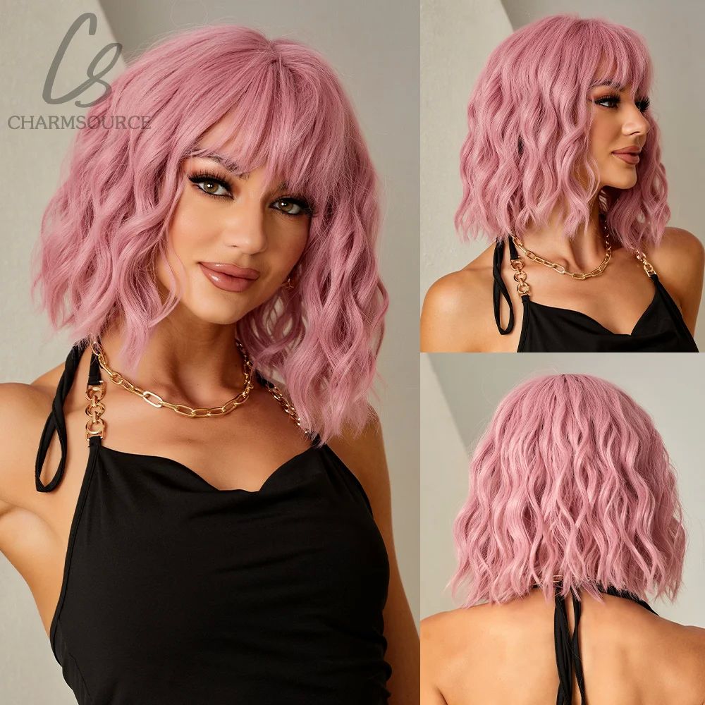 CharmSource Pink BOBO Synthetic Wigs Short Natural Wave Hair