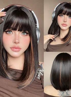 Short Straight Bob Wigs with Bangs Black Brwon Highlight Wig