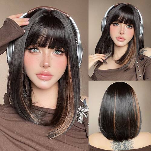 Short Straight Bob Wigs with Bangs Black Brwon Highlight Wig