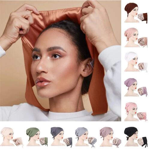 Double Layer Modal Satin  Cap Islam Undercap with Tie Bonnet