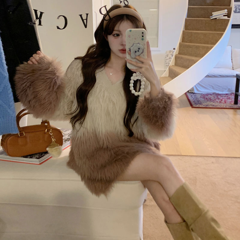 春季新款水貂毛毛茸茸女中长款渐变色宽松慵懒风辣妹套头针织毛衣