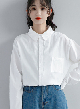 白色衬衫女长袖叠穿宽松基础款春季简约休闲上衣打底衫内搭衬衣