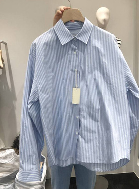 小清新蓝色条纹衬衫女长袖新款宽松设计感小众洋气显瘦大码上衣