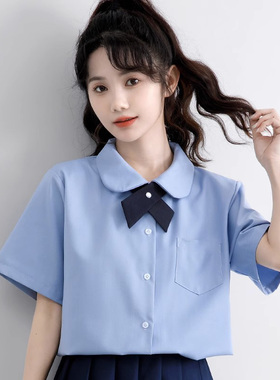 学院风蓝色衬衫女夏季日系甜美宽松短袖基础款百搭jk圆领衬衣上衣
