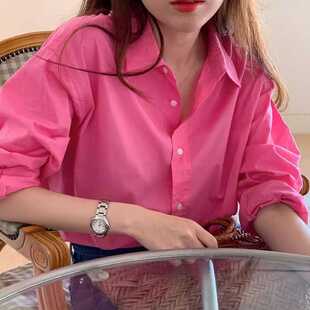复古上衣衬衣时尚 玫红色衬衫 韩版 叠穿设计感小众打底休闲长袖 女装