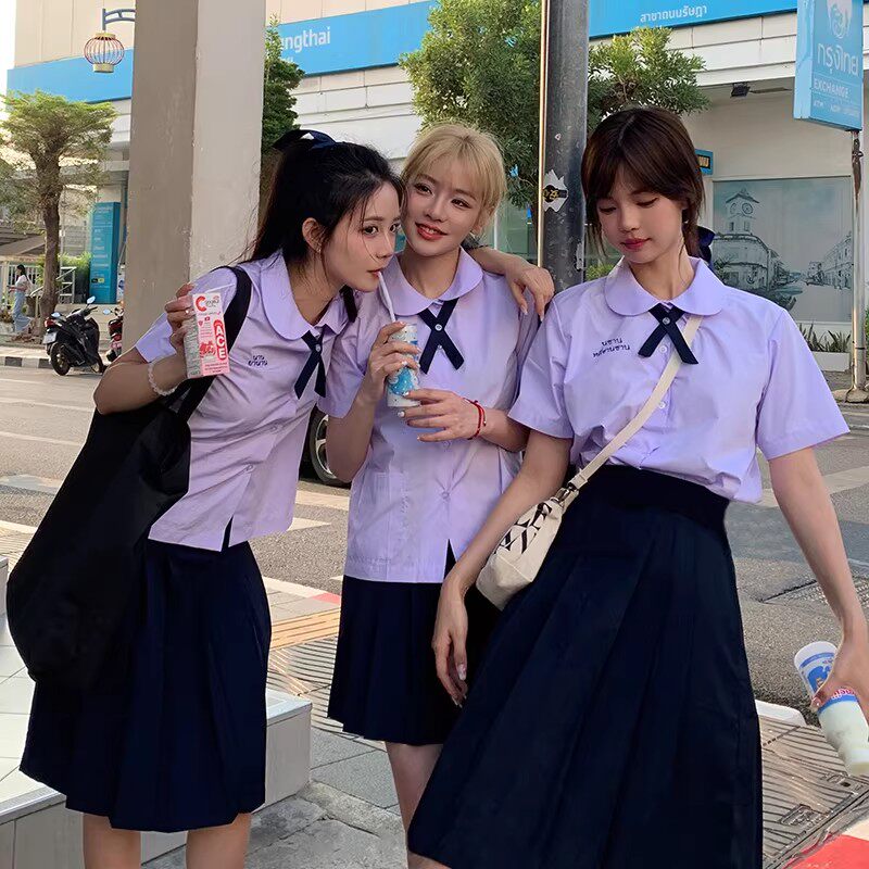 泰国泰式校服短袖衬衫女长袖jk制服学院风夏季毕业运动会休闲上衣