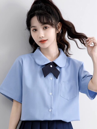 College Style Blue Shirt for Women, Summer Japanese Sweet Loose Short-Sleeved Basic Versatile Jk Round Neck Shirt Top