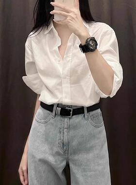 春秋季法式白色衬衫女中长款纯色港风衬衫女宽松长袖内搭职业上衣