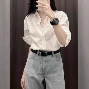 春秋季法式白色衬衫女中长款纯色港风衬衫女宽松长袖内搭职业上衣