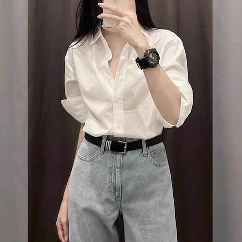 春秋季法式白色衬衫女中长款纯色港风衬衫女宽松长袖内搭职业上衣
