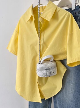 多巴胺黄色衬衫2026夏季新款短袖显白港风时尚韩版宽松翻领上衣