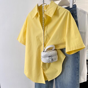 2025夏季 韩版 新款 显白港风时尚 宽松翻领上衣 短袖 多巴胺黄色衬衫