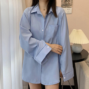 时尚 蓝色衬衣女长袖 休闲翻领内搭设计感小众上衣 新款 2025年春季