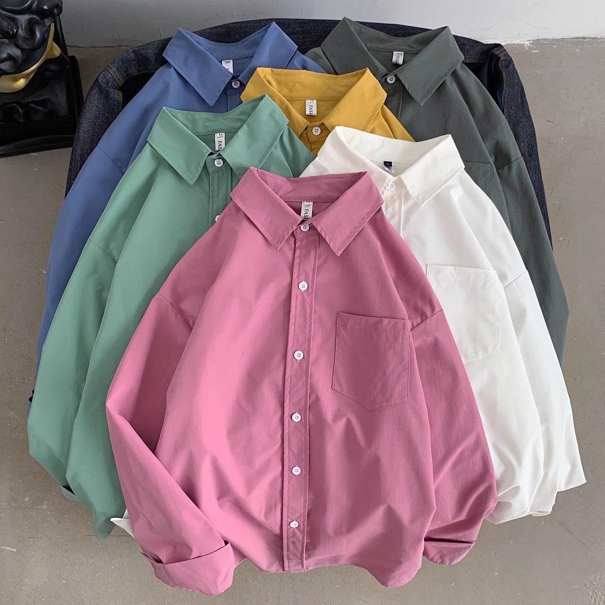 糖果色男友风衬衫男女韩版宽松情侣装简约衬衣港风上衣外套潮