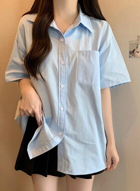 韩版时尚蓝色短袖衬衫女白色内搭夏季日系外穿短袖衬衣上衣新款