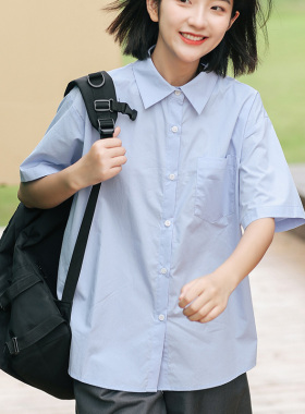 新款休闲Polo领蓝色短袖衬衫女夏显瘦直筒学院风宽松新款休闲衬衣