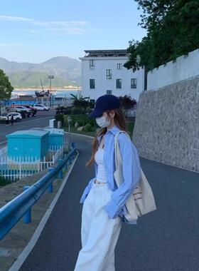 春夏新款韩式小清新蓝色廓形百搭衬衫女宽松休闲长袖上衣外套