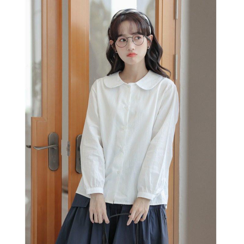 法式春秋季新款休闲职业通勤经典衬衫宽松娃娃领甜美百搭上衣女