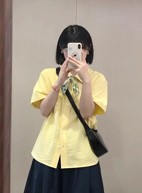 日系甜美奶黄色短袖衬衫女夏慵懒风百搭宽松情侣休闲衬衣外套
