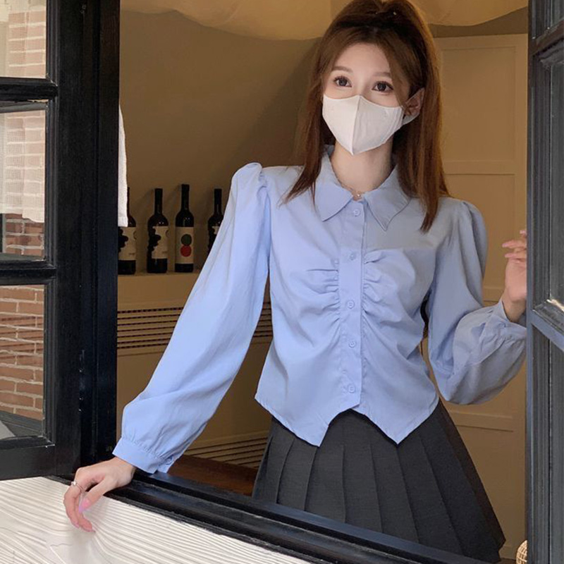 女装2025春季新款翻领短款长袖衬衫女内搭褶皱设计感小众上衣大码