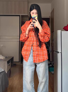 美式复古橙色格子长袖衬衫女宽松百搭休闲高街新款情侣衬衣外套潮