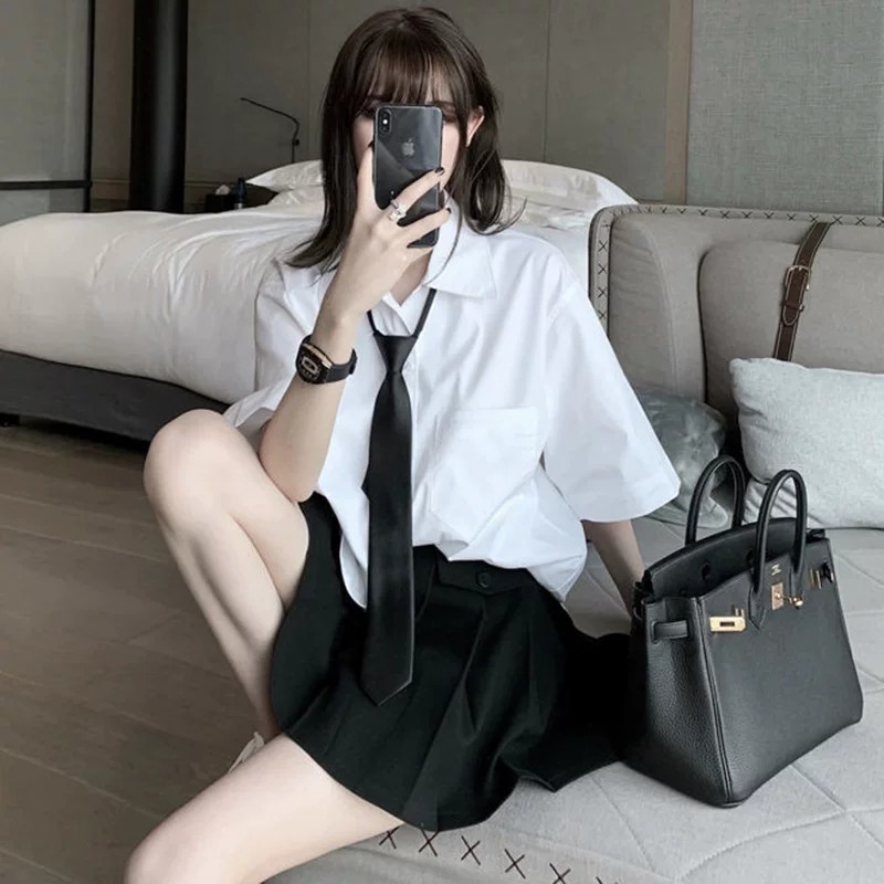 jk制服领带白衬衫女短袖夏季设计感上衣宽松百搭基础款毕业照图片