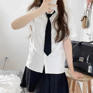 白色夏季韩版设计感小众宽松jk短袖衬衫女百搭领带上衣衬衣学生潮