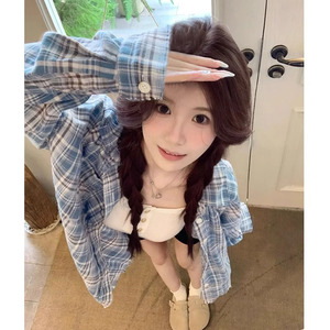 黄蓝格子设计感衬衫男女款新款秋季开衫宽松美式复古中性外套情侣