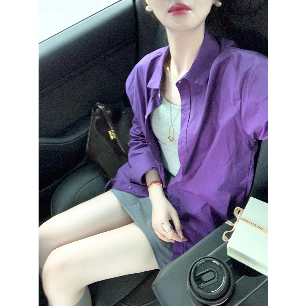韩版复古轻熟风紫色长袖衬衫女松弛感外套洋气时髦小众廓形长袖