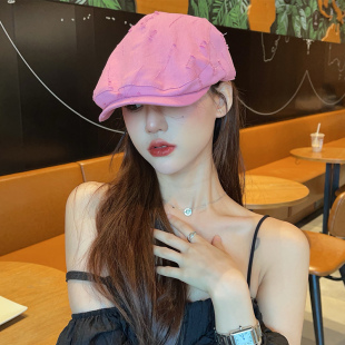 玫粉色牛仔前进帽女夏季薄款破洞潮牌时尚街头画家帽鸭舌贝雷帽秋
