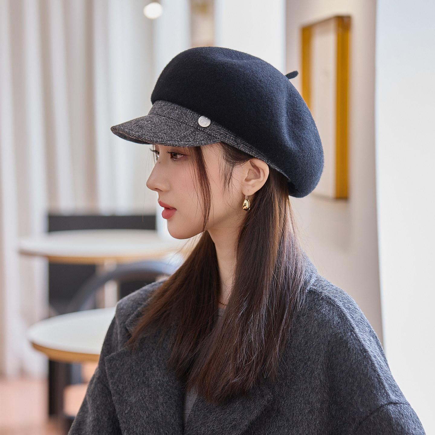 羊毛呢八角帽女士2025秋冬保暖鸭舌贝雷帽英伦复古气质款画家帽子