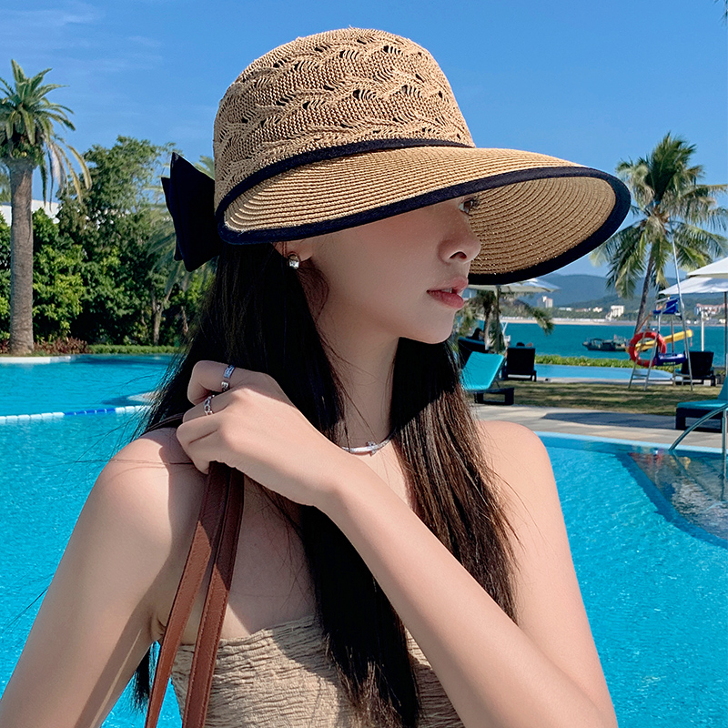 2024新款時(shí)尚草帽女夏鏤空透氣遮陽(yáng)防曬帽蝴蝶結(jié)大檐可折疊太陽(yáng)帽