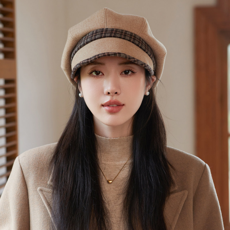 显脸小女帽秋冬毛呢八角帽子韩版优雅时尚百搭贝雷报帽鸭舌1024e