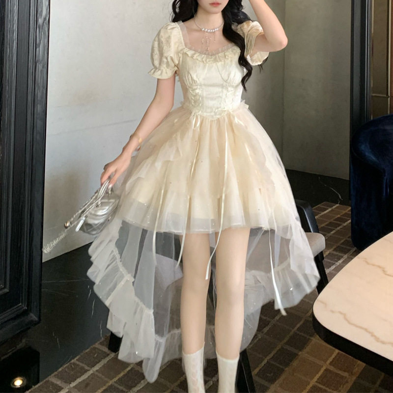 半盏情话 大蝴蝶结公主裙提花蓬蓬细闪拖尾连衣裙生日裙夏季短裙