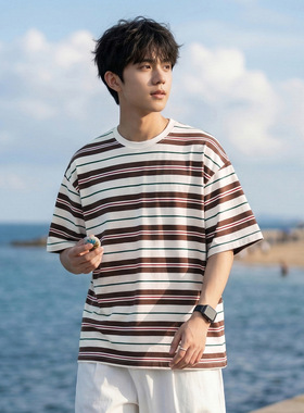 复古撞色条纹短袖T恤男夏季新款潮牌美式情侣宽松百搭半袖体恤衫
