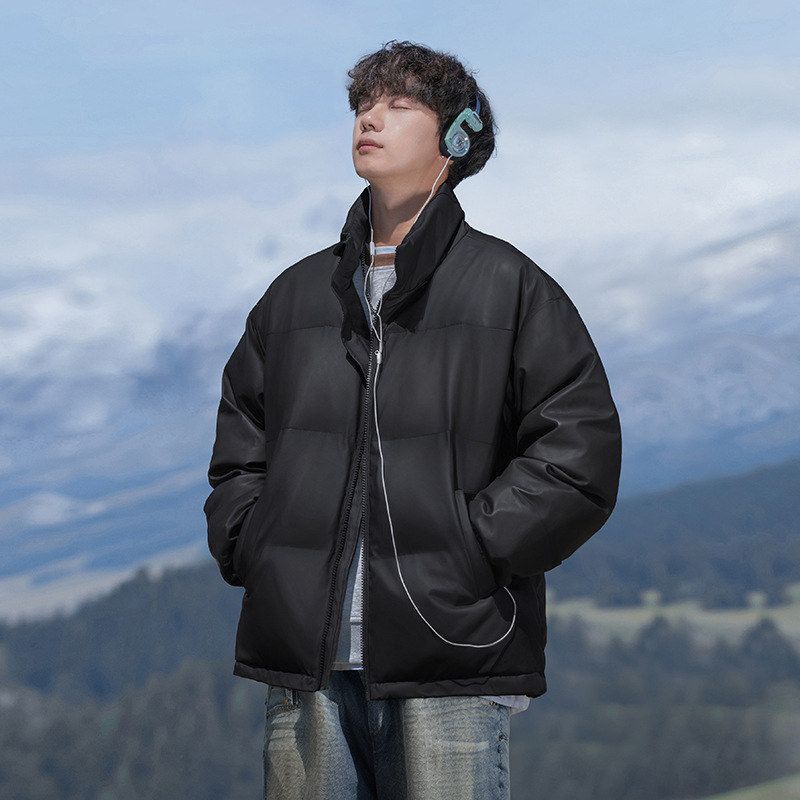 立领pu皮棉服外套男冬季款休闲纯色加厚棉衣潮牌宽松保暖面包服q