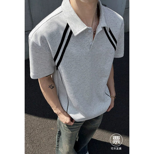 美式高街拼接条纹polo衫男夏季薄款撞色cleanfit潮牌宽松短袖T恤